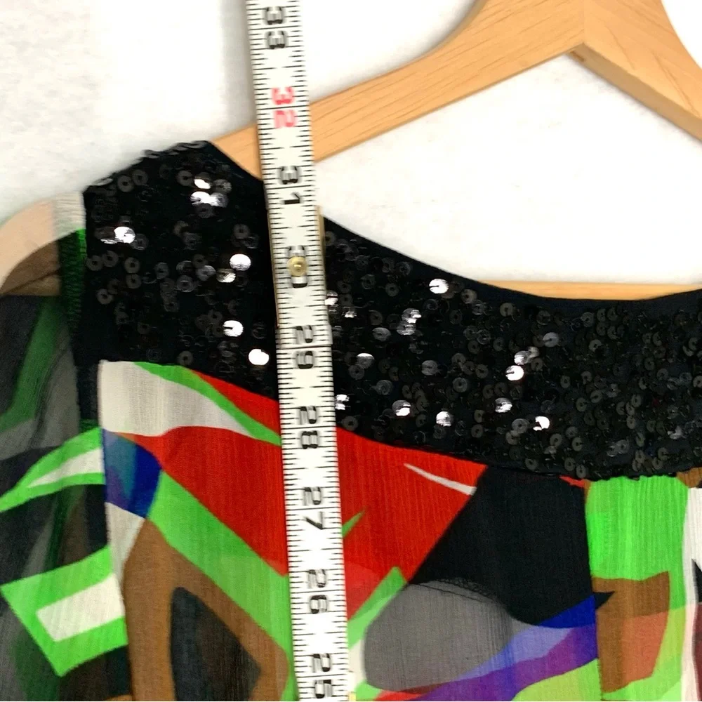 Cache Vintage Sequin Geometric Printed Sheer Silk Dress Size Small